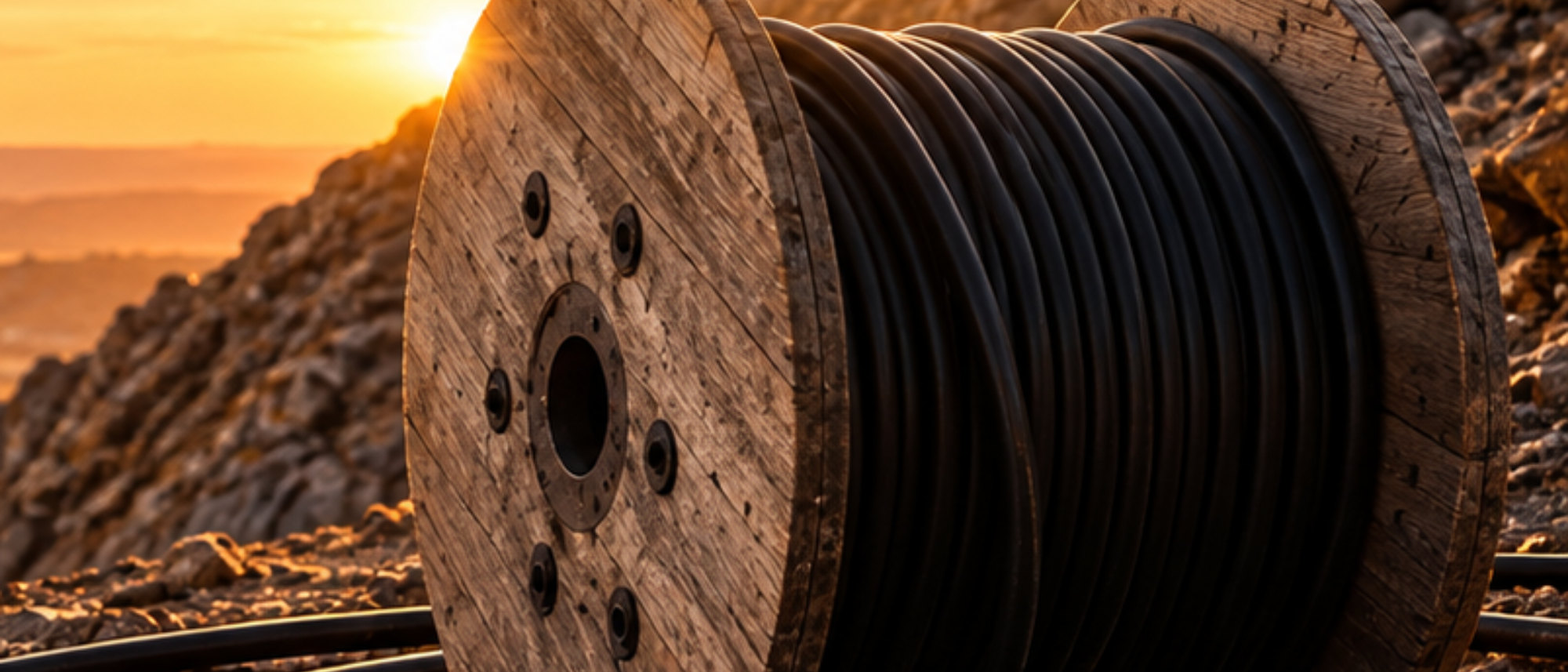 Black electrical cable wound on a wooden reel at sunset