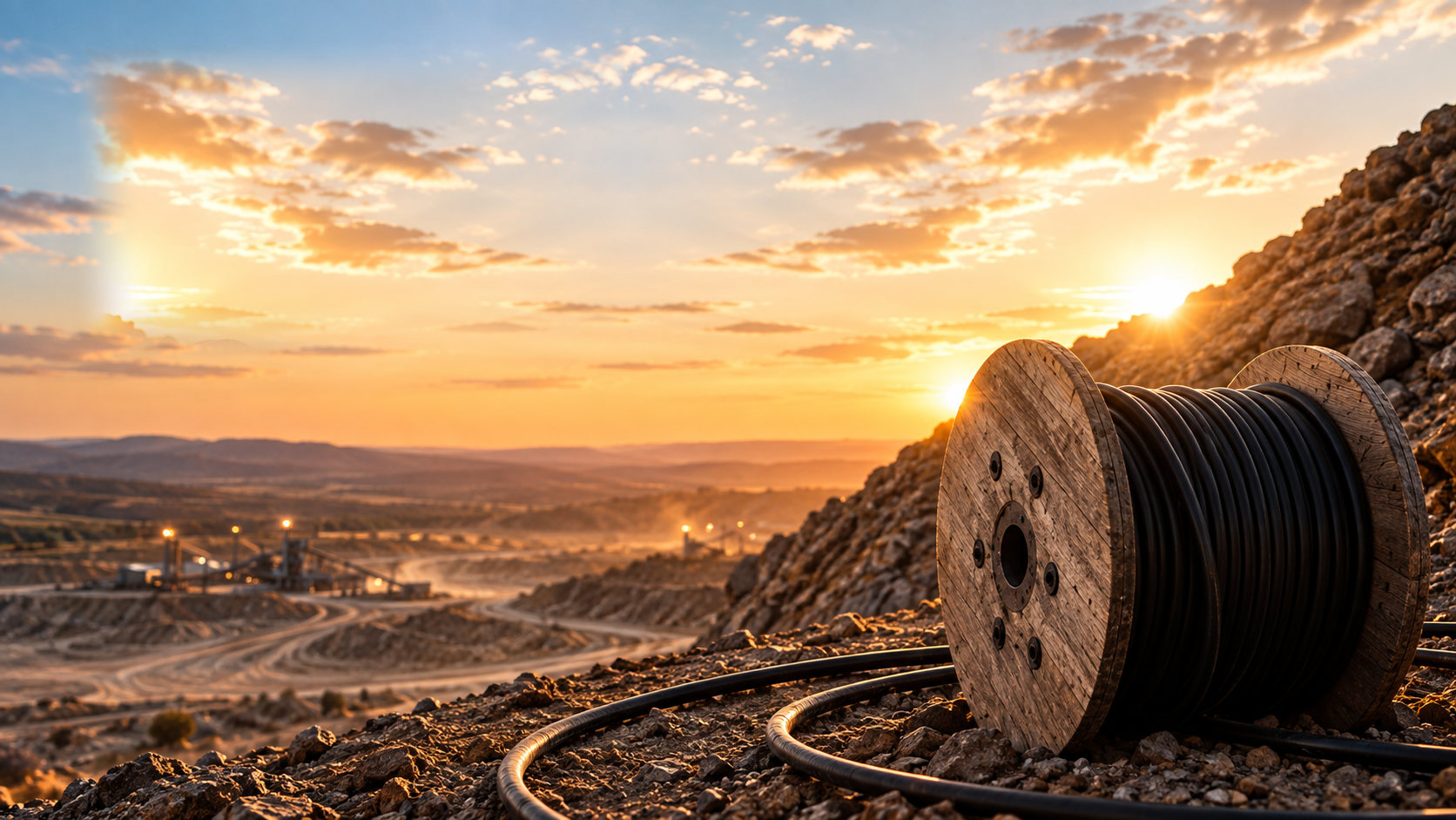 Western Australian mine site at sunset with a cable reel in the foreground